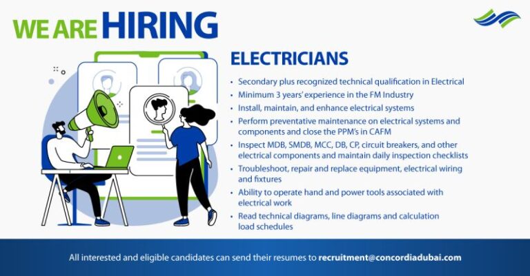 Concordia Dmcc Hiring Electricians Dubai 2023