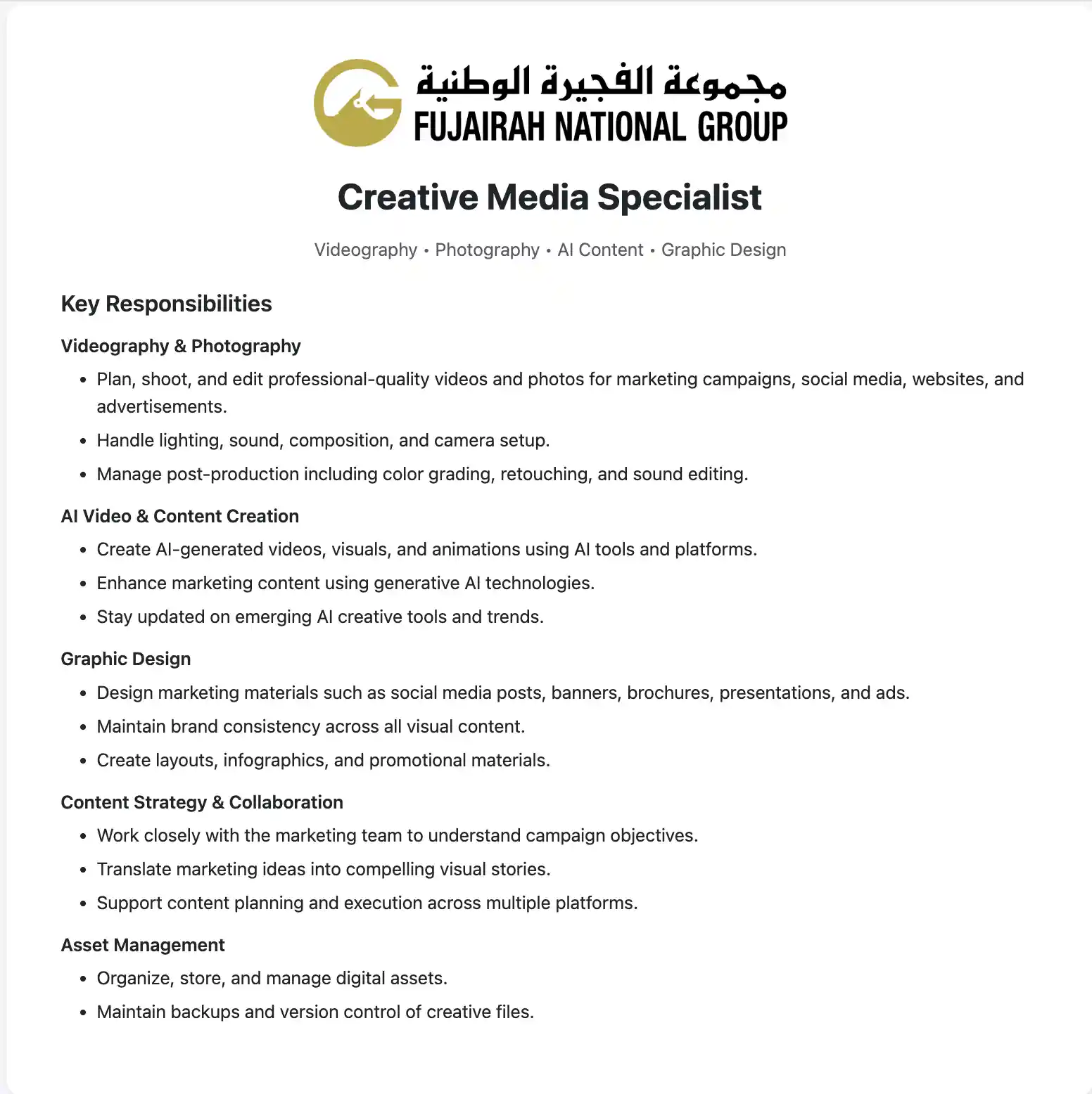 Fujairah National Group Media Specialist Jobs 2026